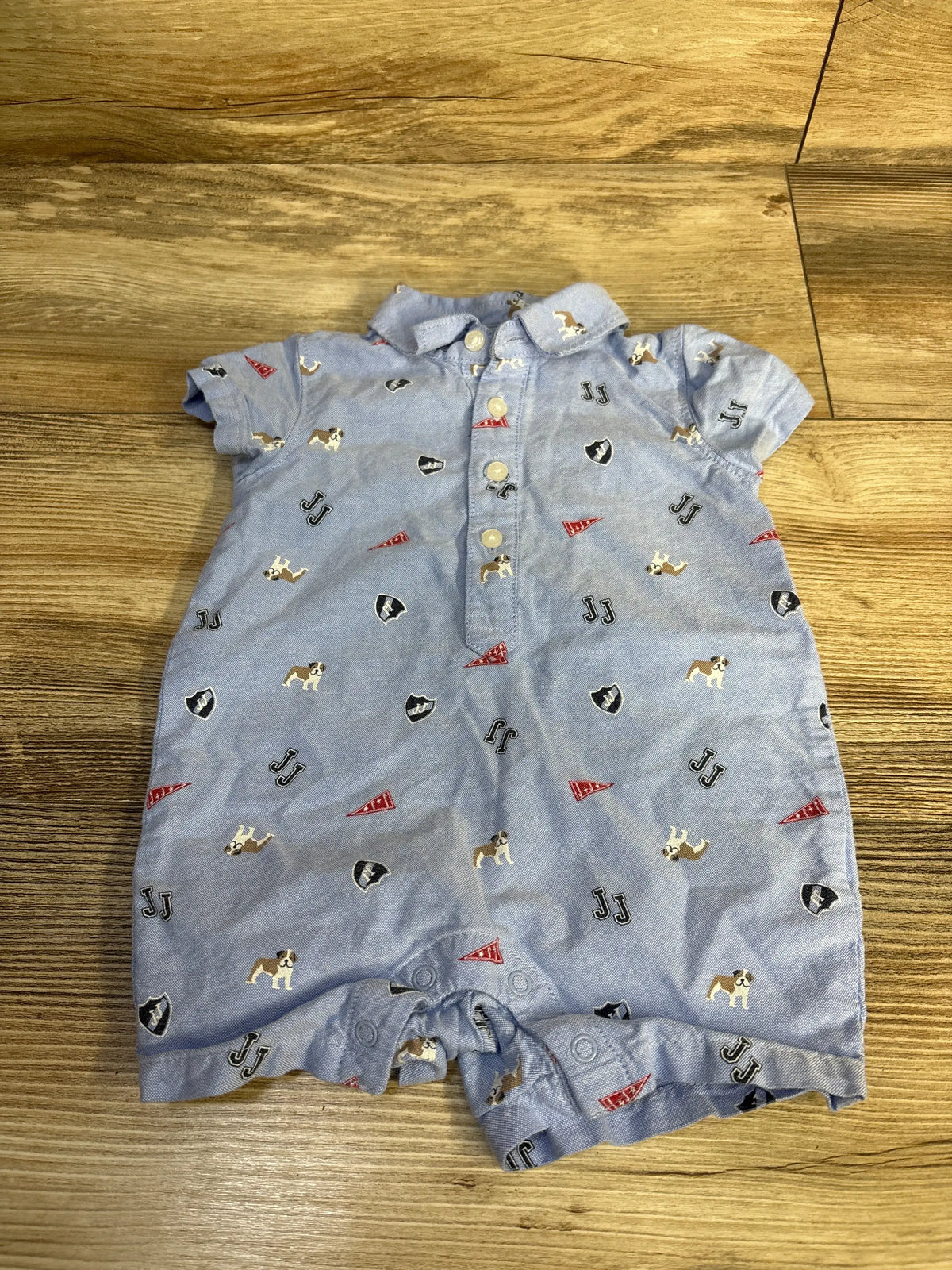 Blue Janie & Jack bulldog print oxford romper for baby size 0-3m