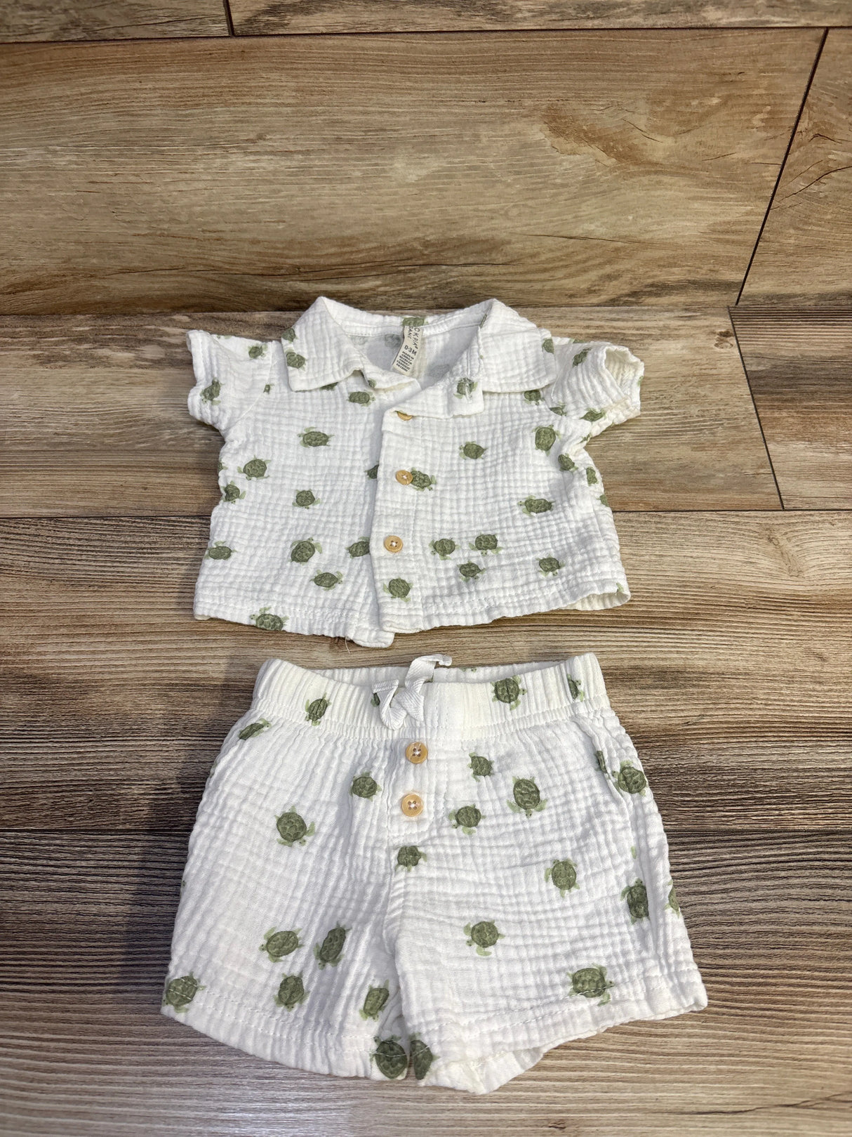 Chick Pea 2pc Organic Gauze Turtle Button-Up Shirt & Shorts Set White sz 0-3m