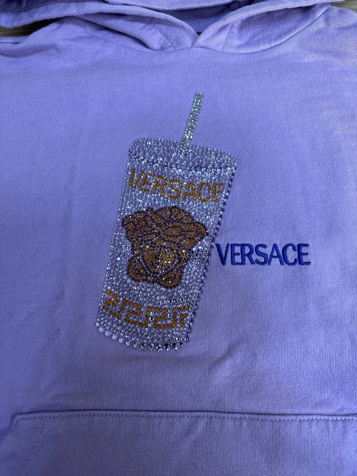 Lilac hoodie with rhinestone Versace cup and logo design on chest