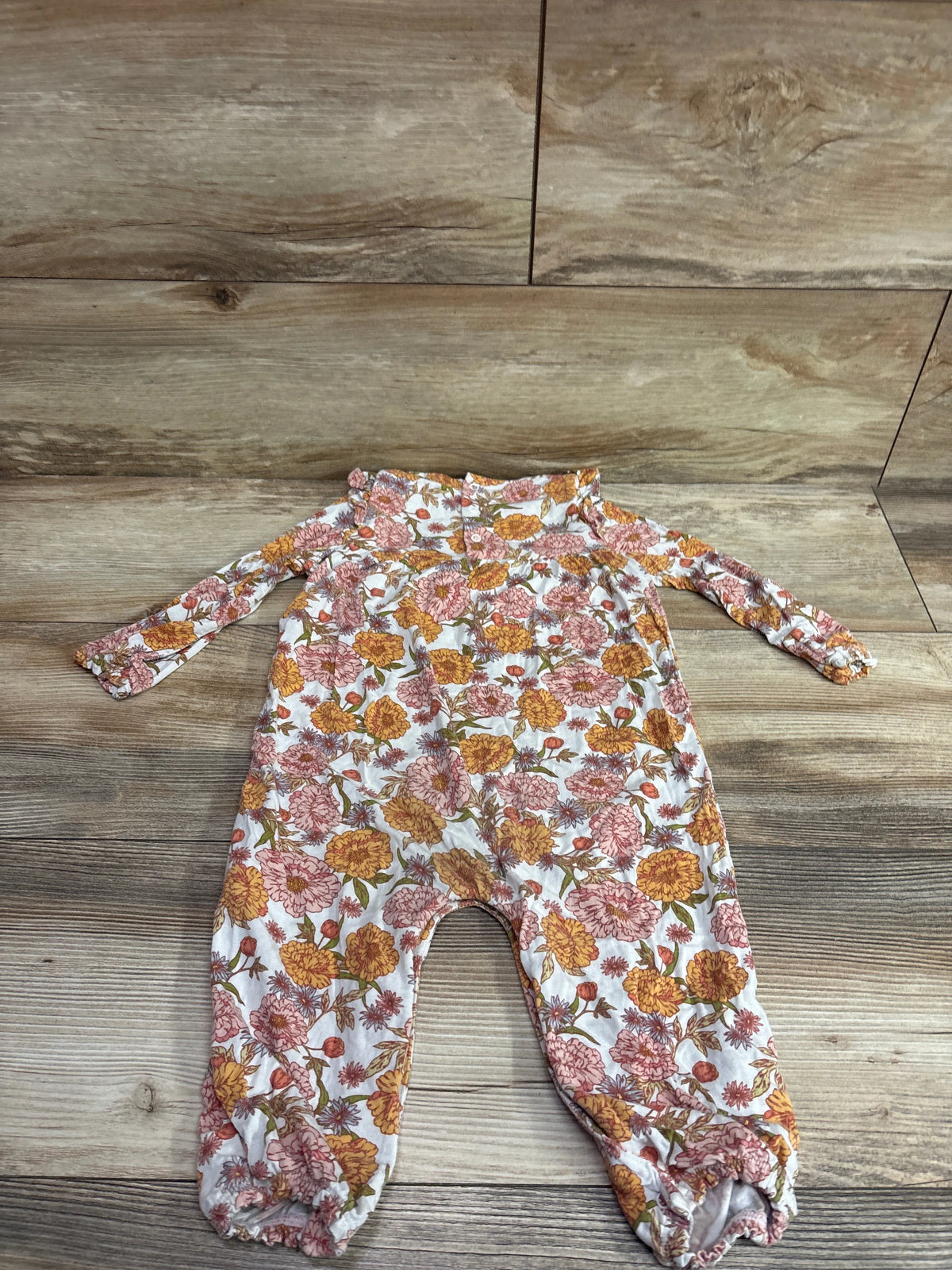 Angel Dear bamboo floral ruffle sleeve coverall in white with orange and pink blossoms