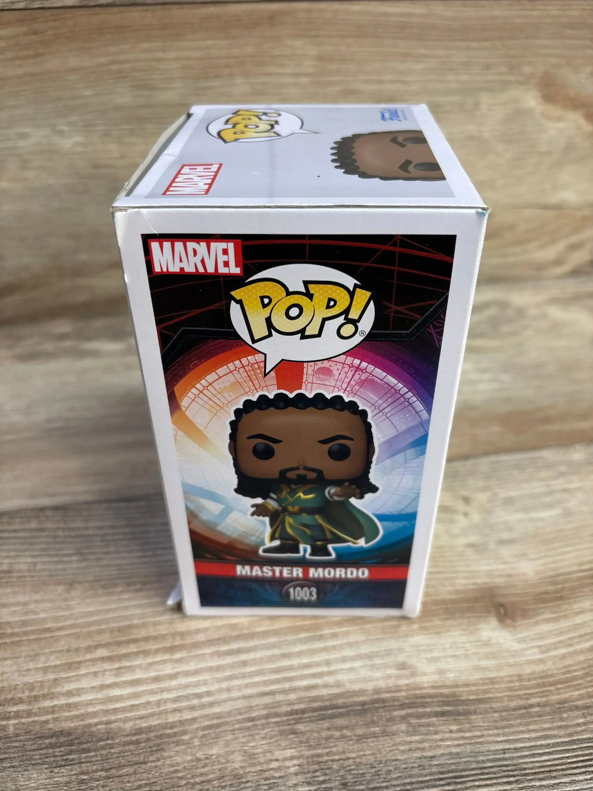 Front view of Funko Pop Master Mordo vinyl figure in window box on white background
