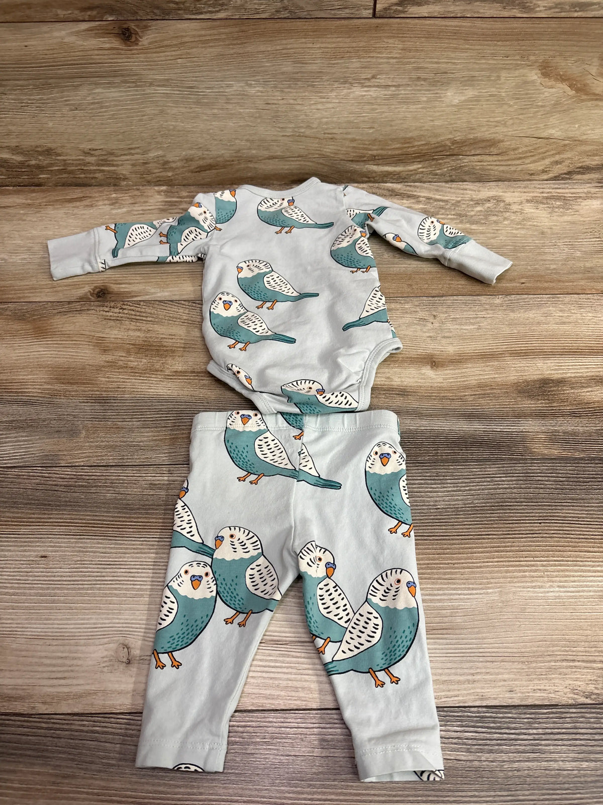 Top-down view of Lindex 2-piece organic bird wrap bodysuit and pants set in light aqua with allover bird print on wood