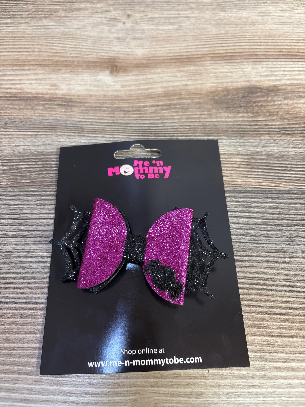 Pink glitter bow with black spiderweb and spider, kids Halloween hair accessory