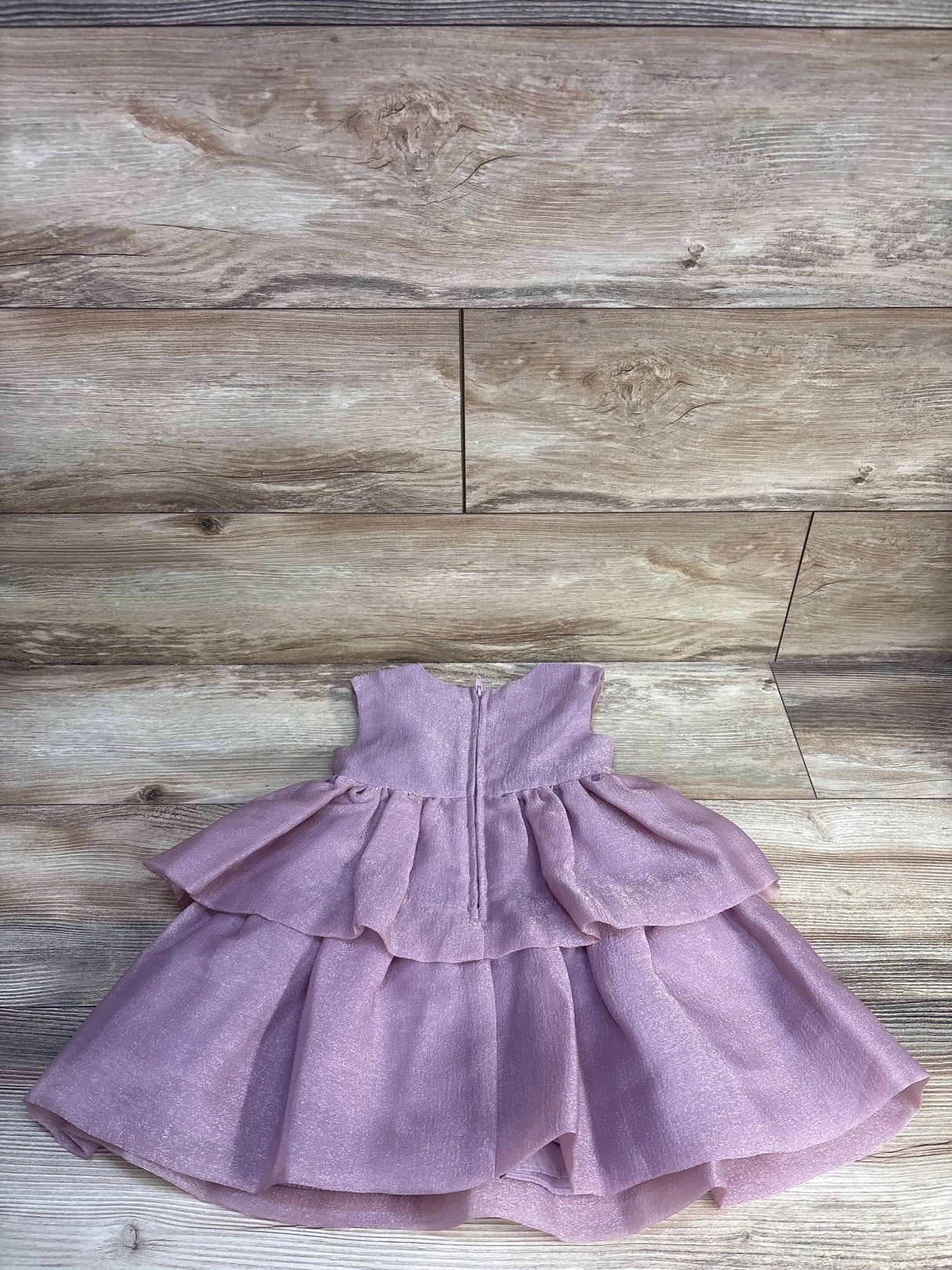 Front view of purple tiered party dress (2T) showcasing layered ruffled skirt and back zipper on wood plank background