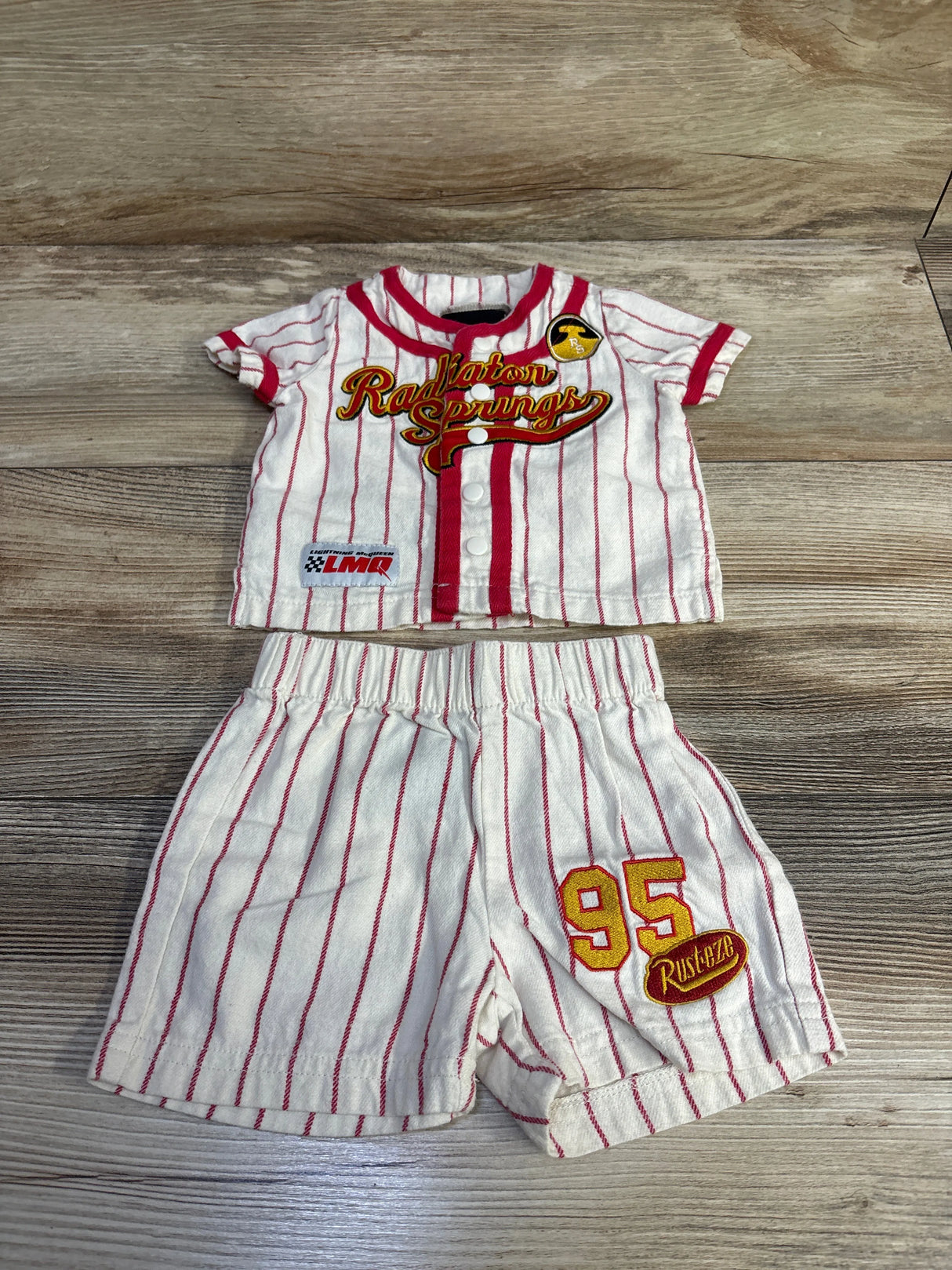 Boxlunch 2pc Pixar Cars Lightning McQueen Baseball Jersey & Shorts Set Cream sz 3m
