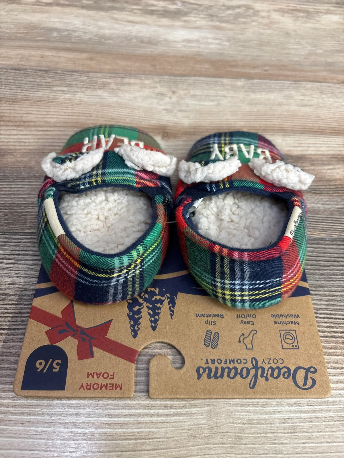 Plaid baby booties with 'BABY' embroidery, cozy memory foam, slip-resistant soles, size 5/6