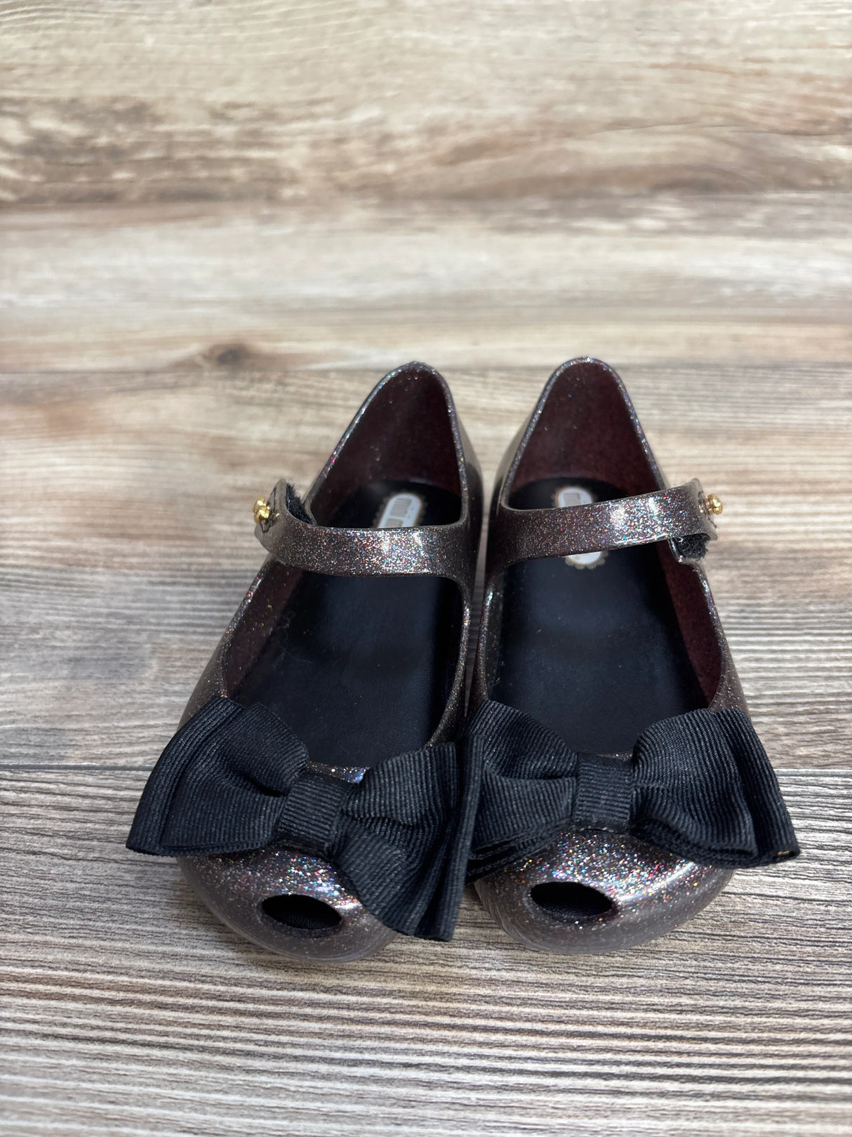 Mini Melissa 'Ultragirl Bow' Jelly Flat Black Glitter sz 7c