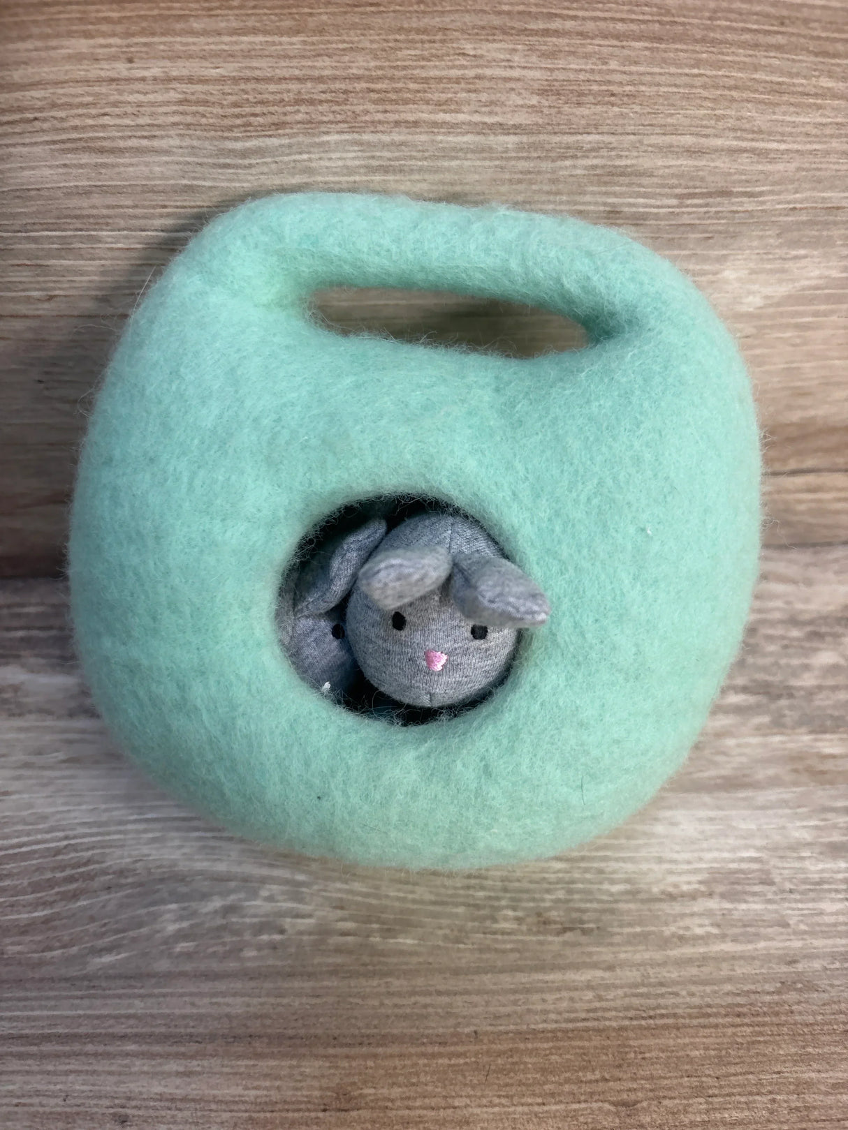 Plush bunny toy in a soft mint green felt pouch on wooden background, kids toy