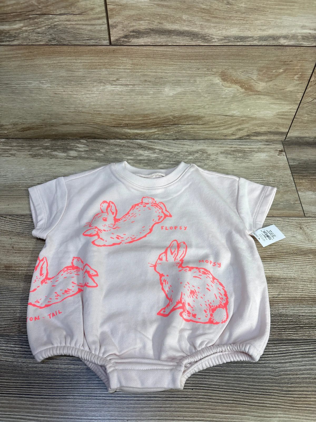 Front view of Baby Gap x Peter Rabbit pink bubble romper showcasing Peter Rabbit graphics on a wood surface