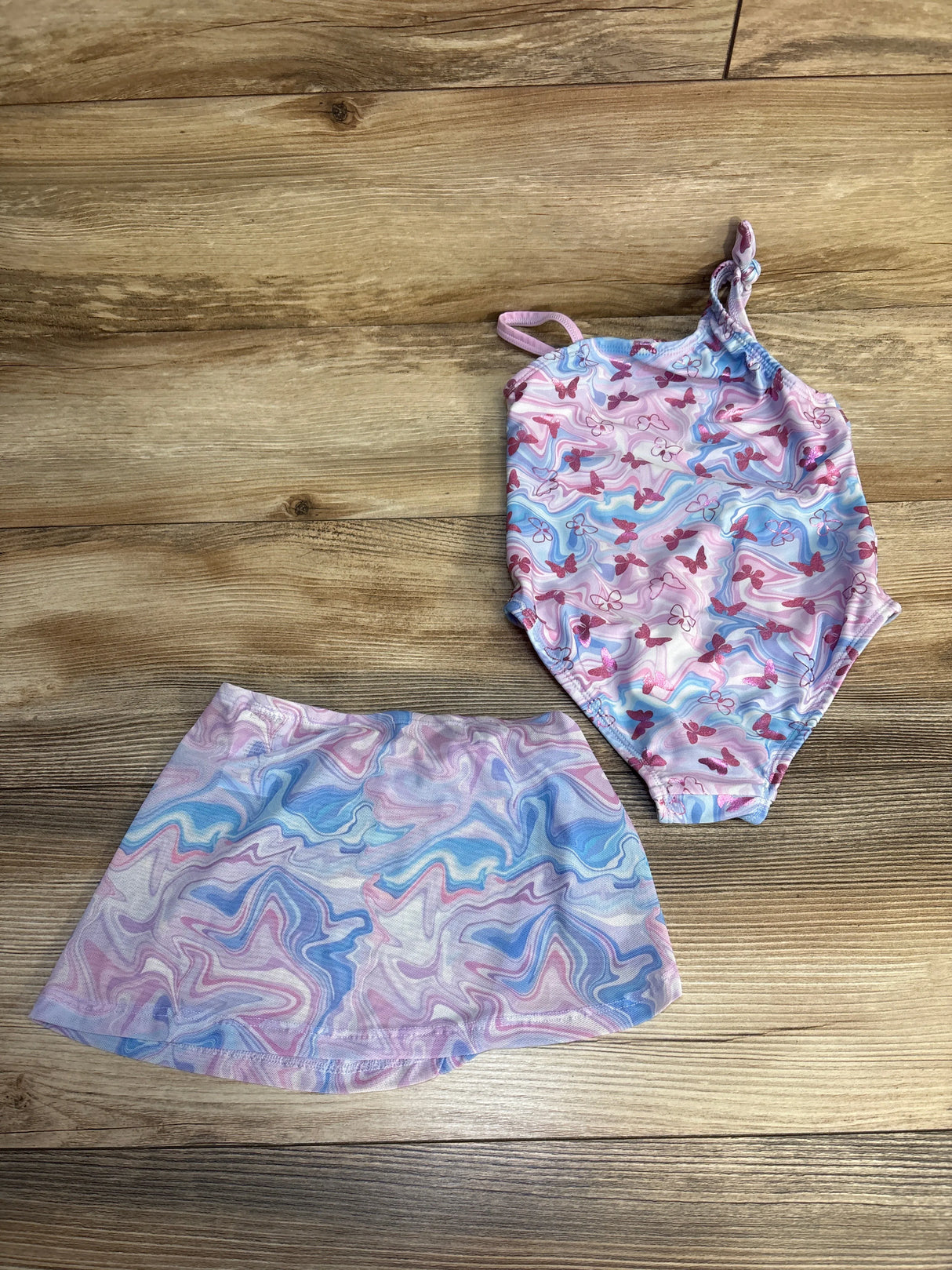 B4 All Butterfly One-Piece Swimsuit & Skirt 2pc Set Purple sz 5/6T