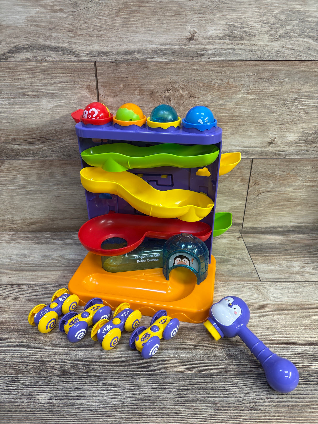 Hahaland 2-in-1 Montessori Penguin Ice City Pound a Ball & Car Ramp