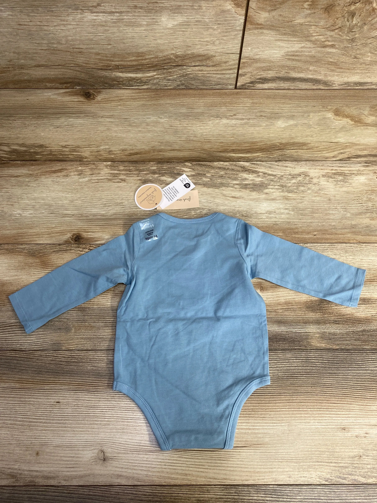 Back view of First Impressions Puppy Pocket bodysuit in soft blue showcasing long sleeves and snap crotch on wooden background