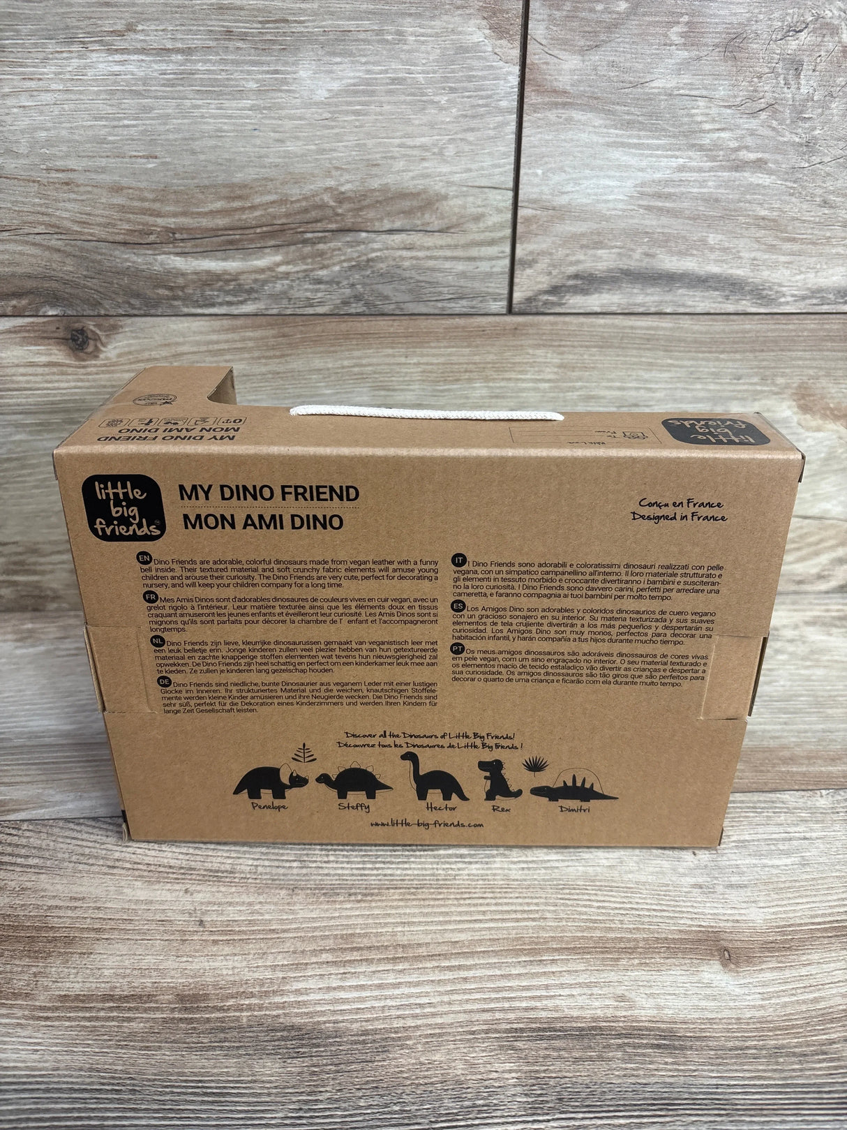 Little Big Friends My Dino Friend toy box with dinosaur silhouettes on wood background