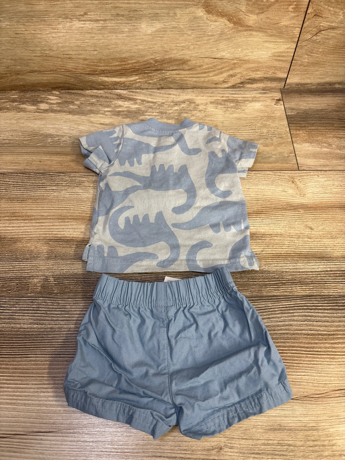 Front view of Just One You 2pc Henley Shirt and Shorts Set showcasing a blue dinosaur-print shirt on a wood surface