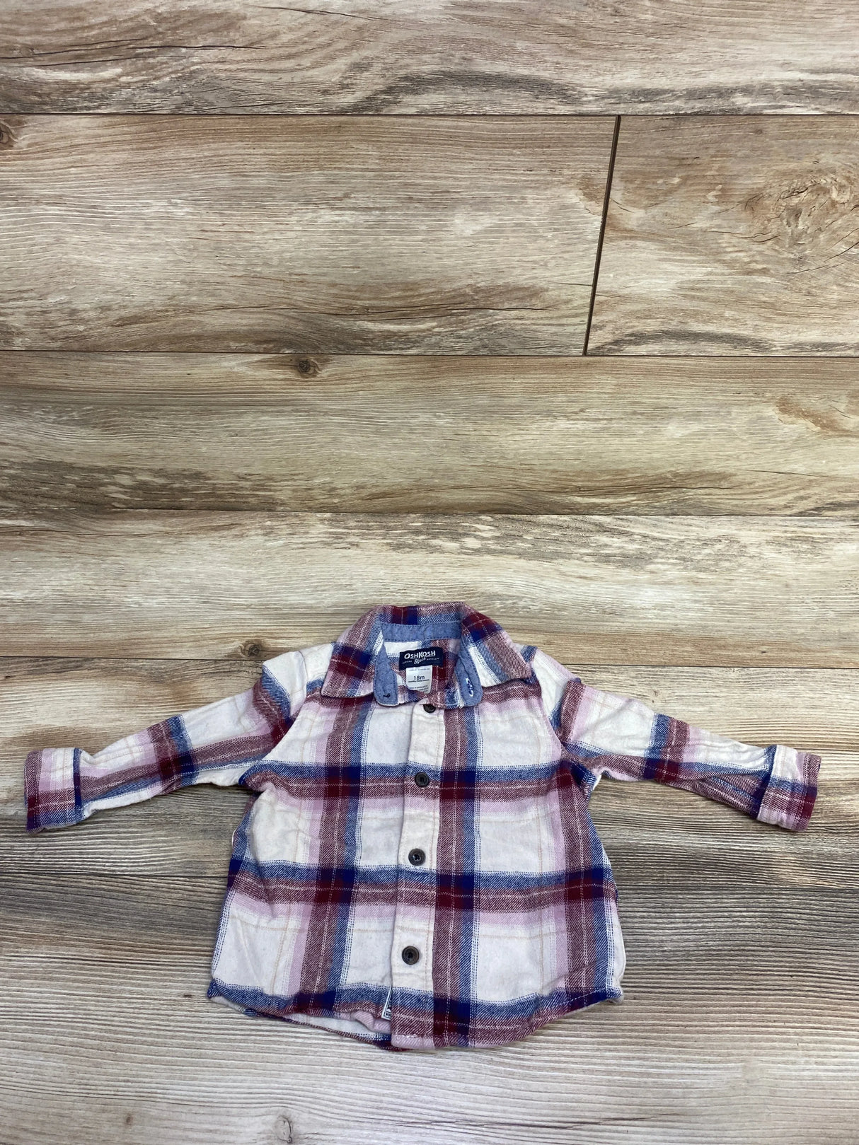 OshKosh Baby toddler 18M long sleeve plaid flannel shirt on wooden floor