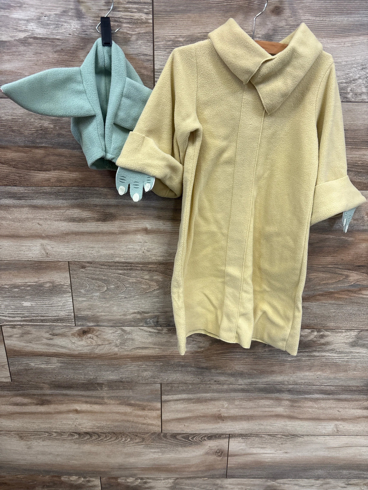 Yellow and mint green baby robes with character hangers, soft fleece toddler clothing for cozy wear