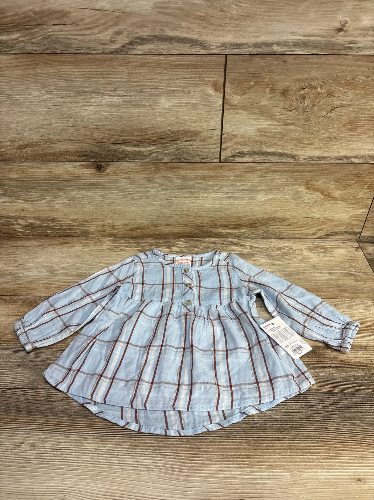 Baby girl long sleeve plaid dress in light blue and brown on wooden floor