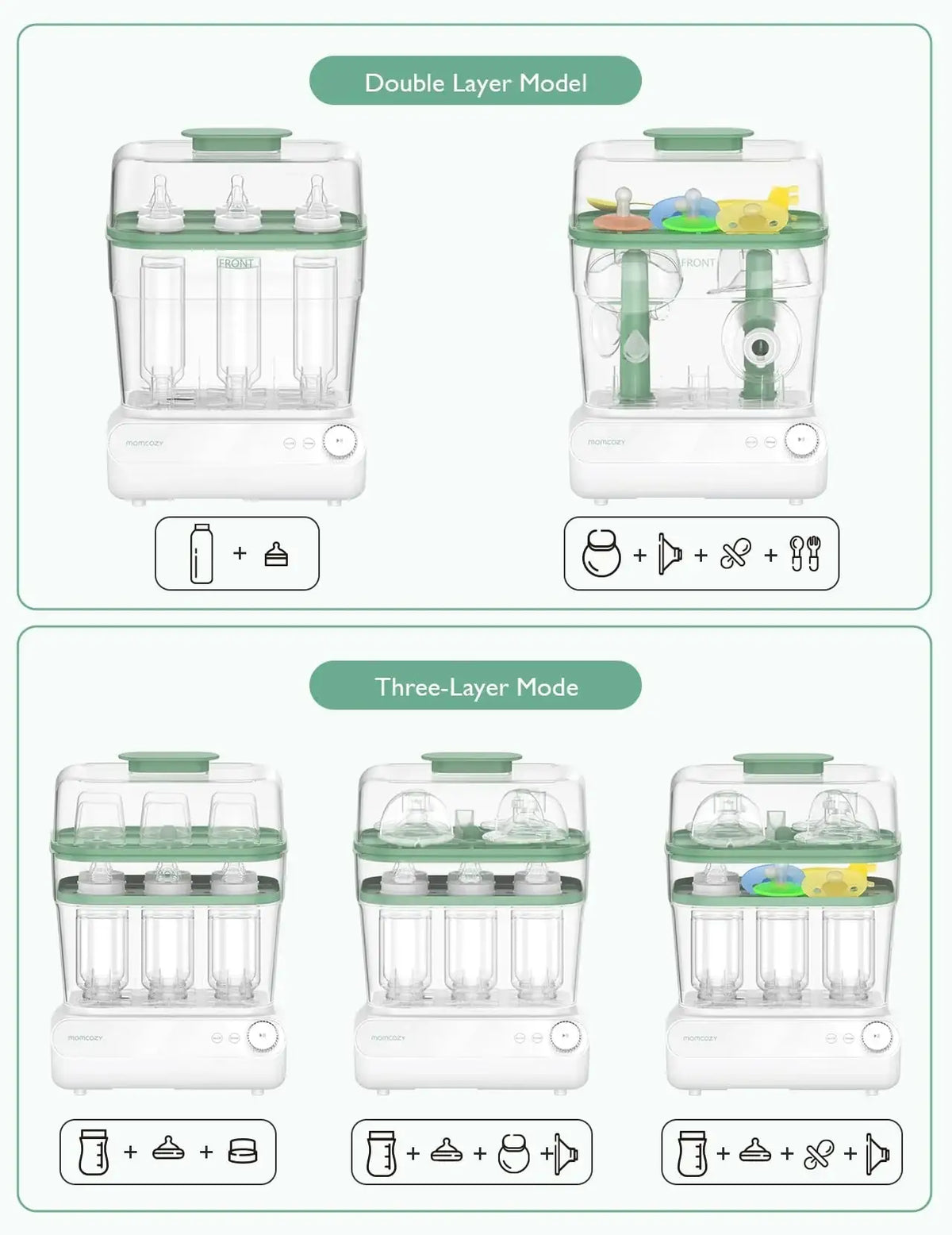 Product diagram showing Momcozy sterilizer configurations for double-layer and three-layer modes