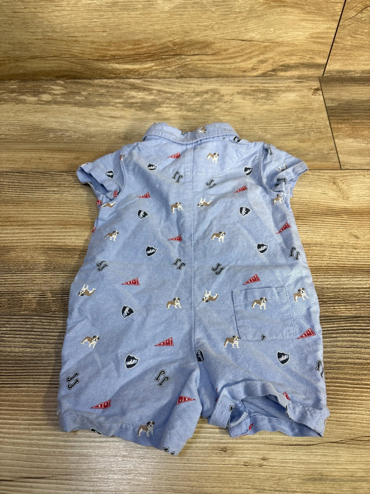 Light blue Janie & Jack bulldog print oxford romper for baby size 0-3m