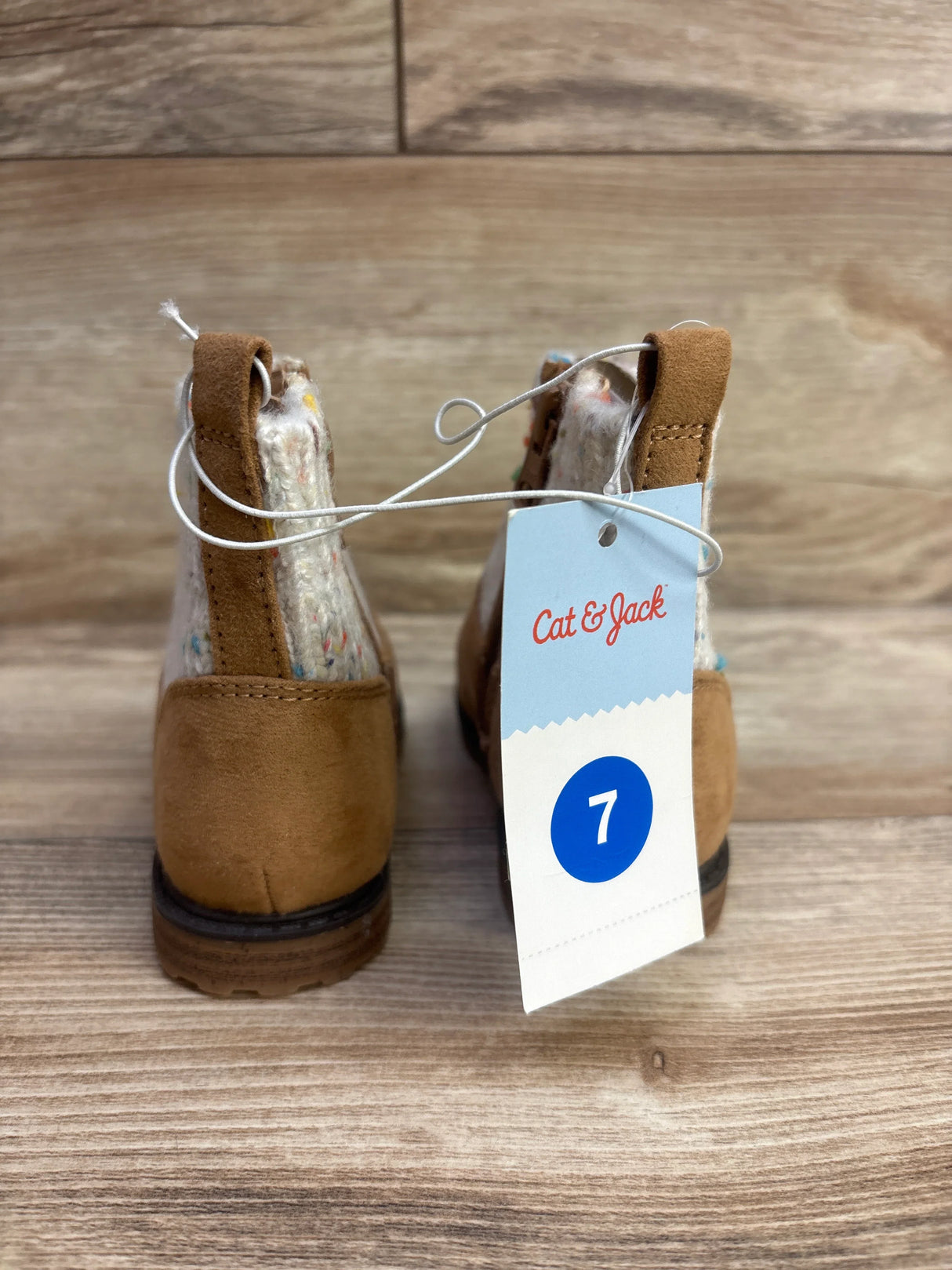 Back view of toddler brown suede boots with knit detail, Cat & Jack size 7, kids footwear