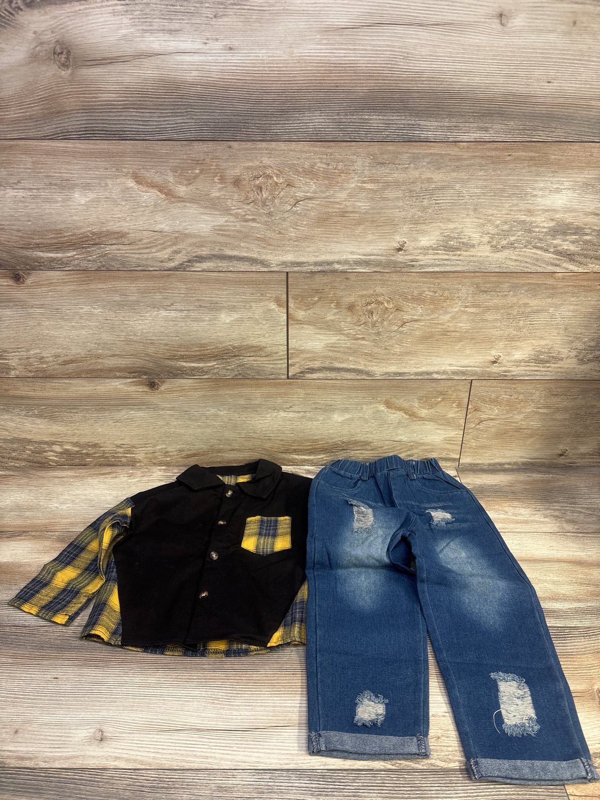 NWOT Woleroyir 2pc Long Sleeve Flannel-Lined Shirt & Jeans Black sz 2-3T