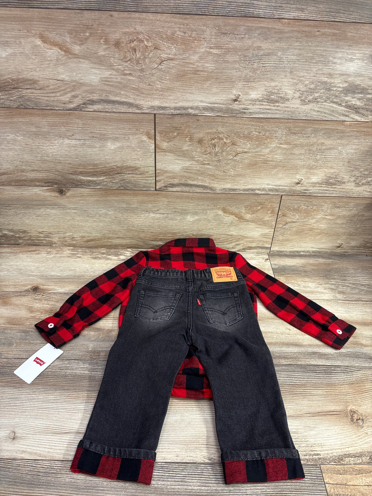 NEW Levi's 2pc Plaid Button-Up Flannel Romper & Jeans Set Red sz 24m