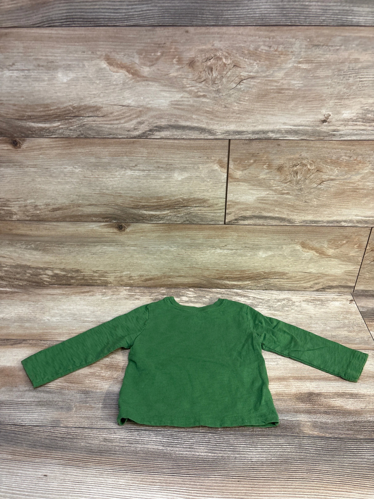 Back view of green Baby Gap long-sleeve toddler shirt showing full sleeves and straight hem on wood-plank background