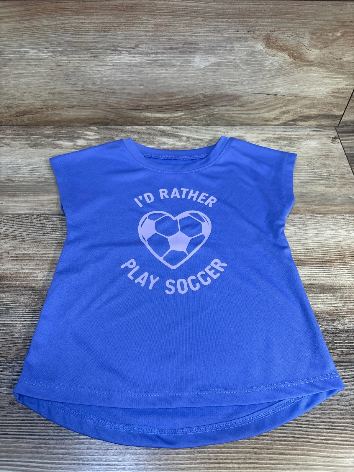 Blue kids' t-shirt with 'I'd Rather Play Soccer' text and heart soccer ball graphic