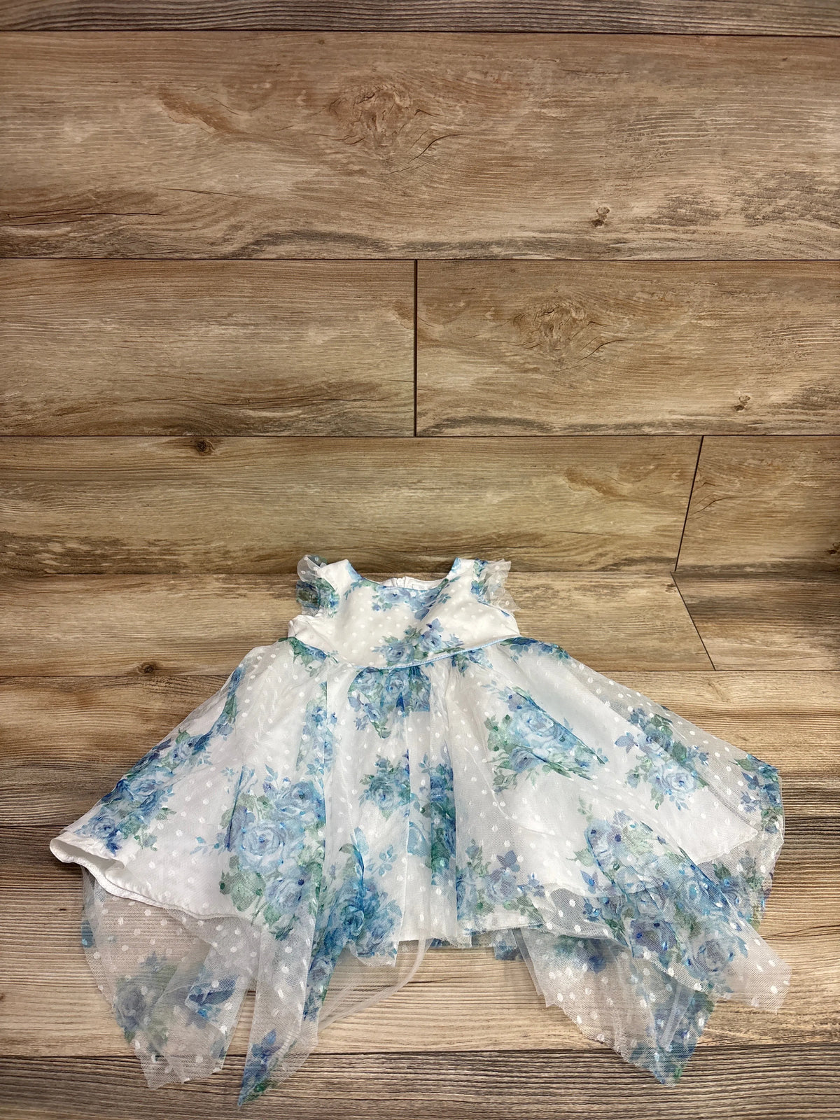 Rare Editions white tulle toddler dress with blue floral print and polka dots