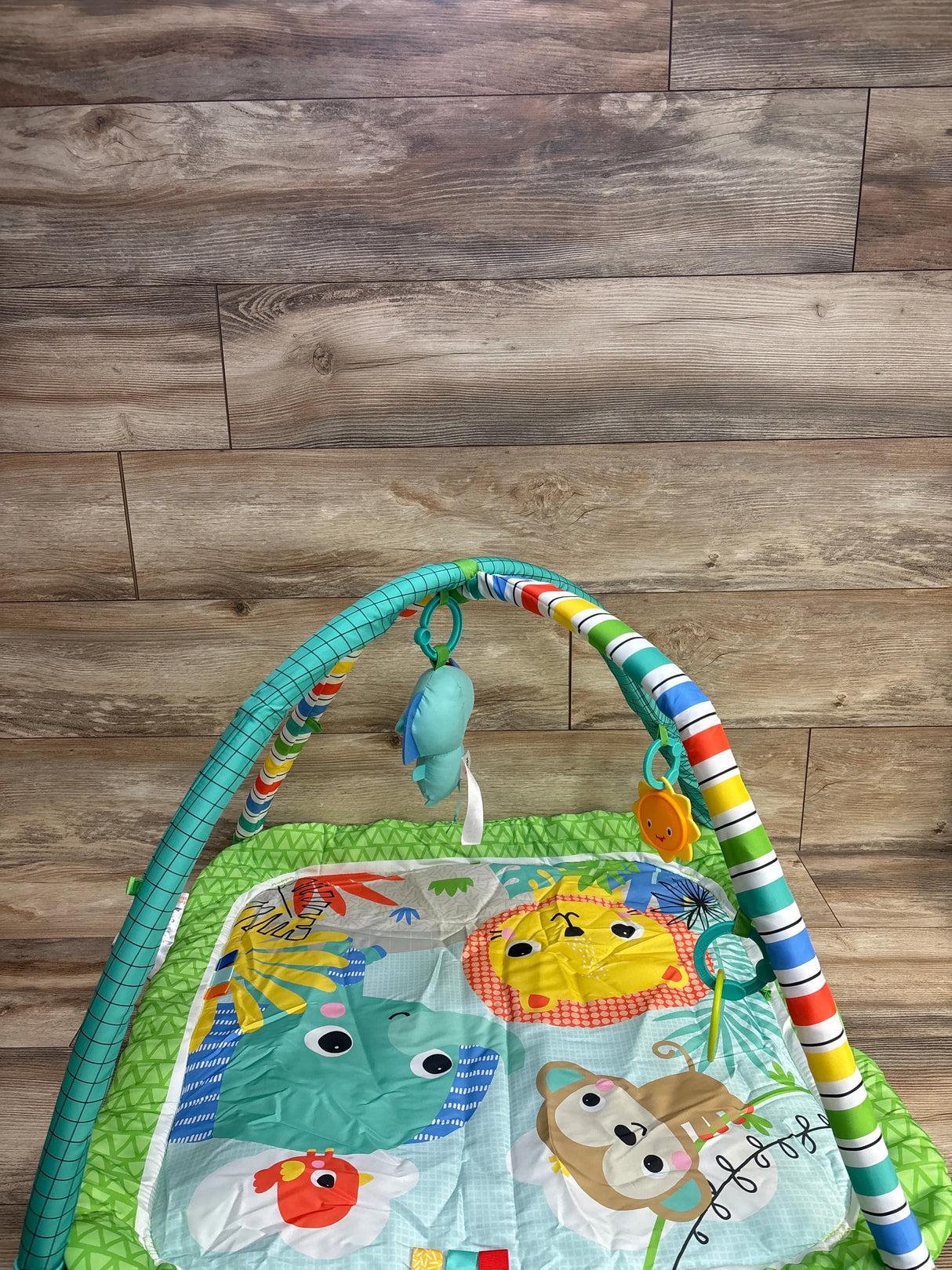Top-angle view of Bright Starts Wild Wiggles activity gym with animal-print play mat and arched toy bars on wood floor