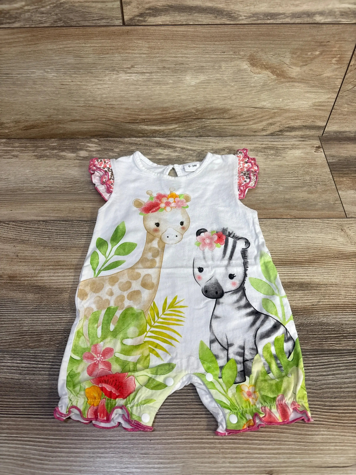 Front view of white Aoswep romper showcasing giraffe and zebra jungle print, flutter sleeves and snap closures, size 0-3m