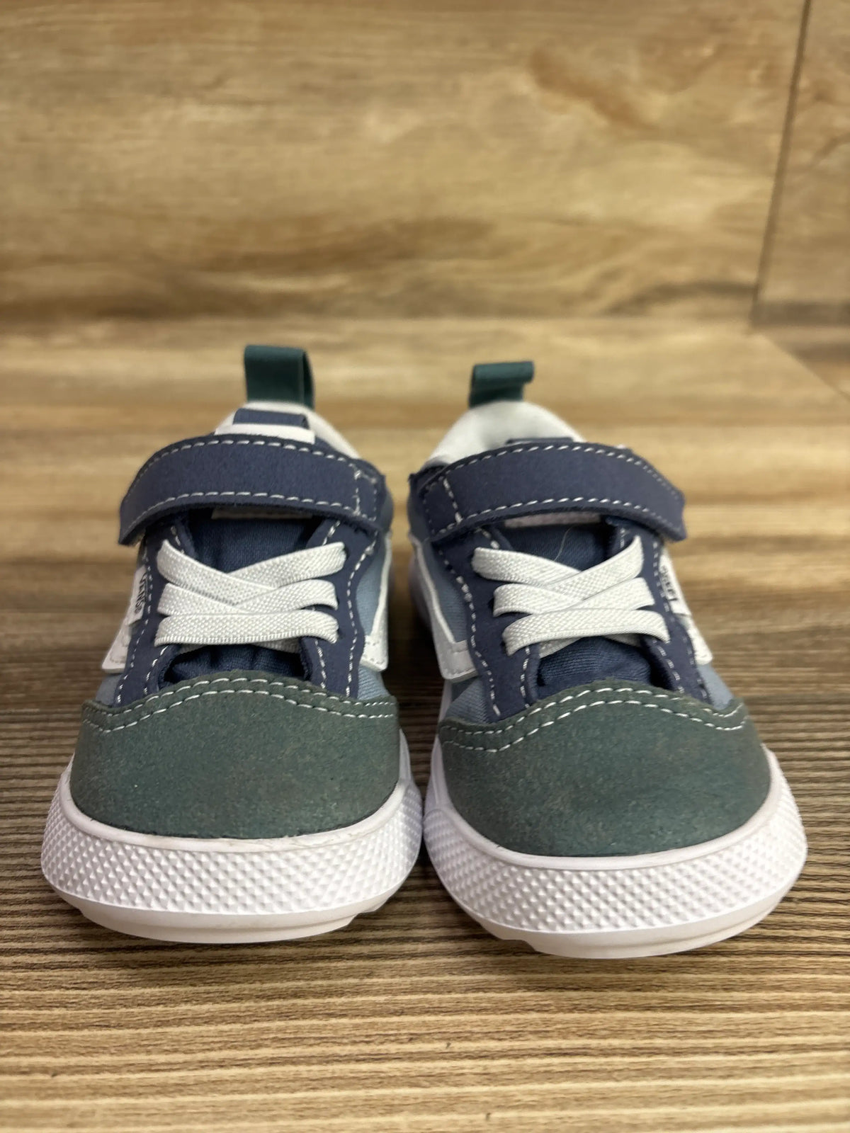 Front view of green and navy blue Me n Mommy To Be Vans UltraRange V sneakers for toddlers