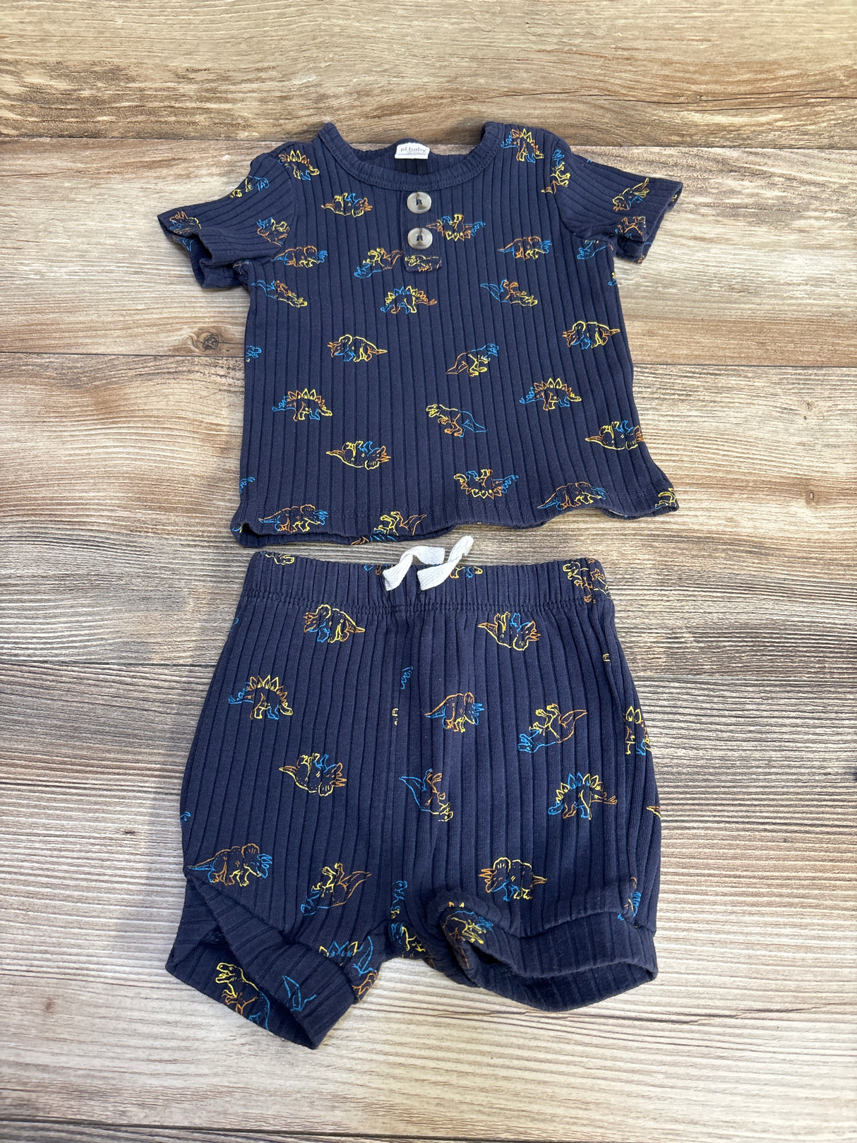 Pl Baby 2pc Ribbed Dinosaur Shirt & Shorts Set Navy sz 9m