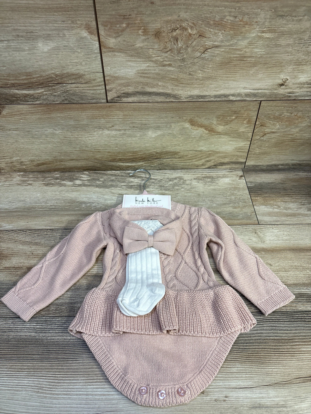 NEW Nicole Miller 3pc Knit Skirted Bodysuit, Headband, & Kneehigh Socks Pink sz 6/9m