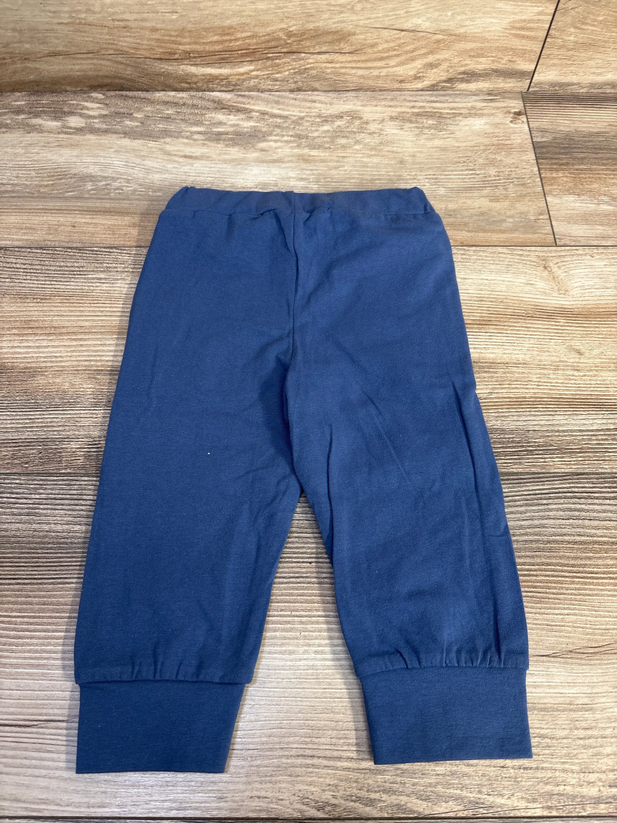 Front view of Drawstring Pants Blue sz 18-24m showcasing relaxed fit and cuffed hems on a wood-grain background