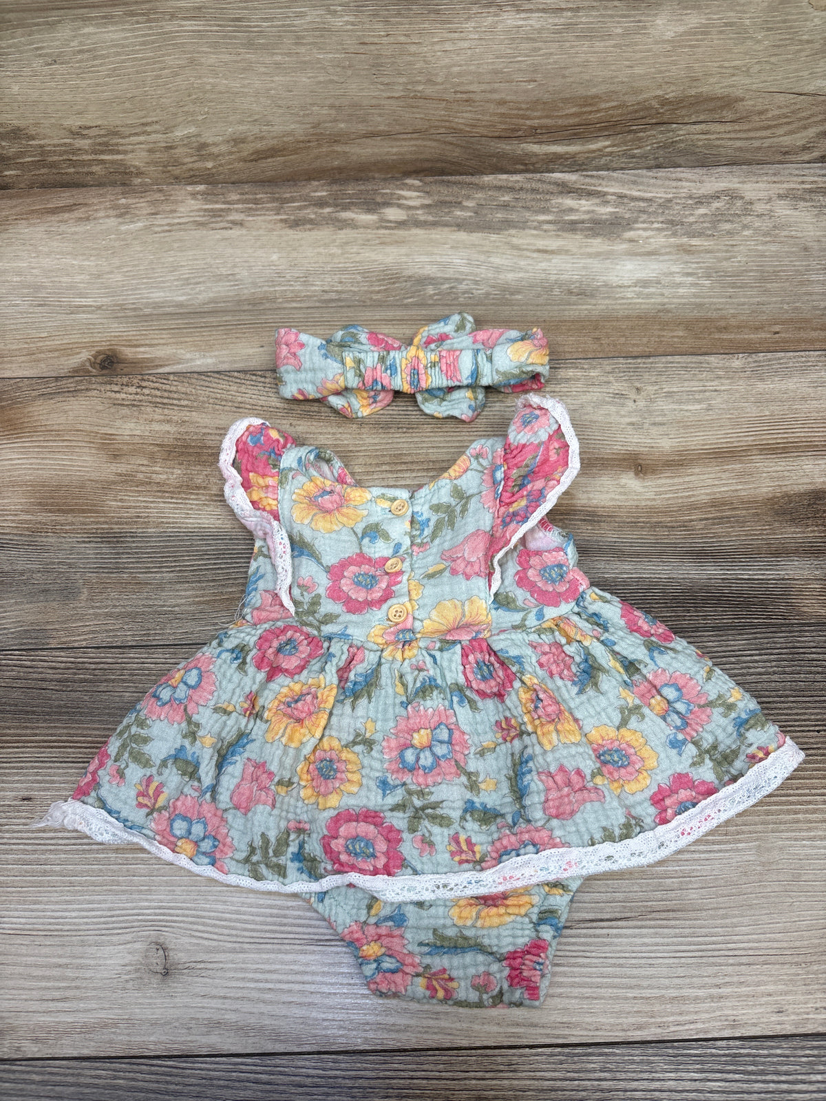 Chick Pea Organic 2pc Gauze Bodysuit Dress & Headband Set Blue sz 0-3m