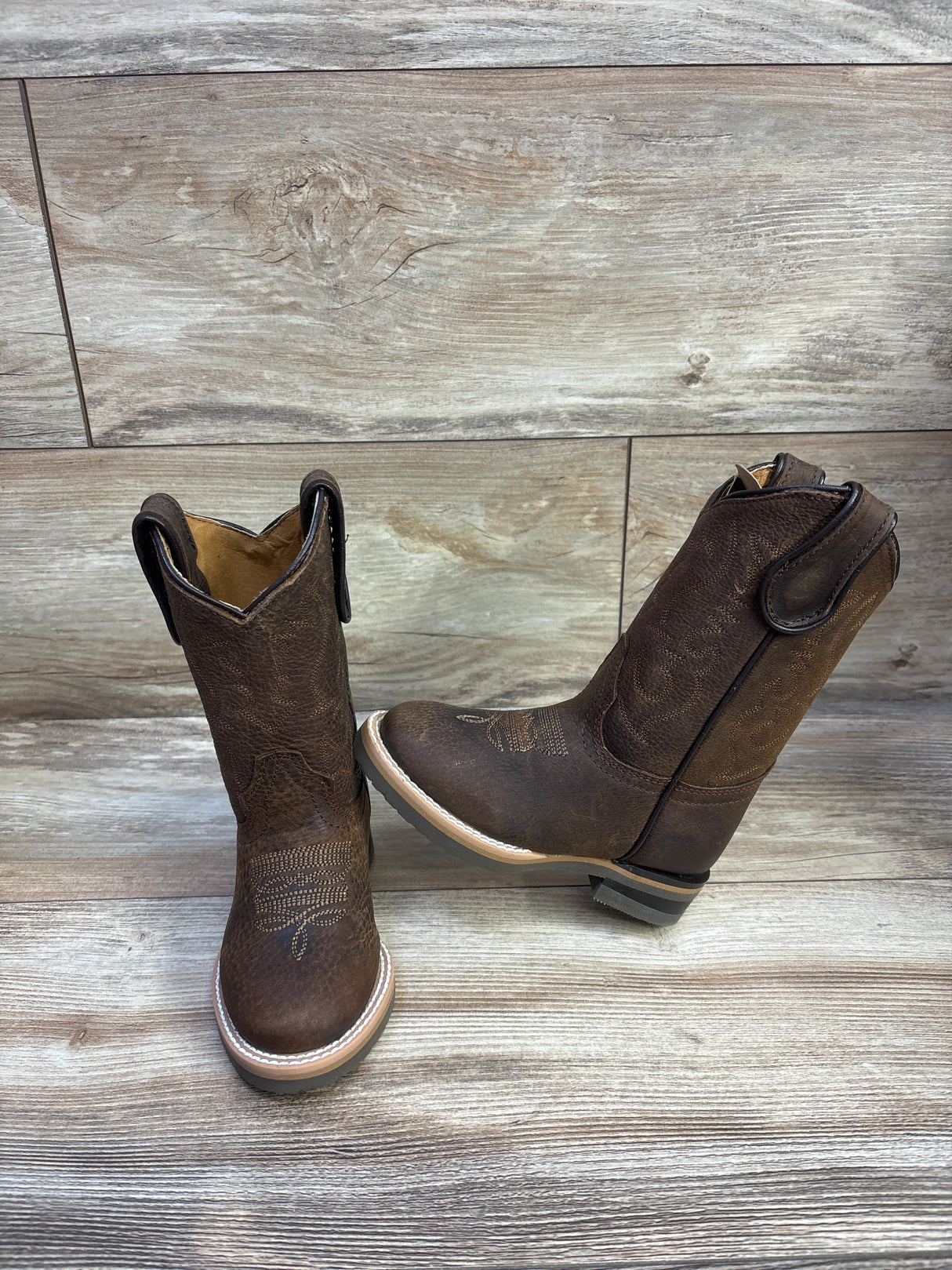 NEW Soto Boots Kids Round Toe Leather Western Boots Brown sz 8c