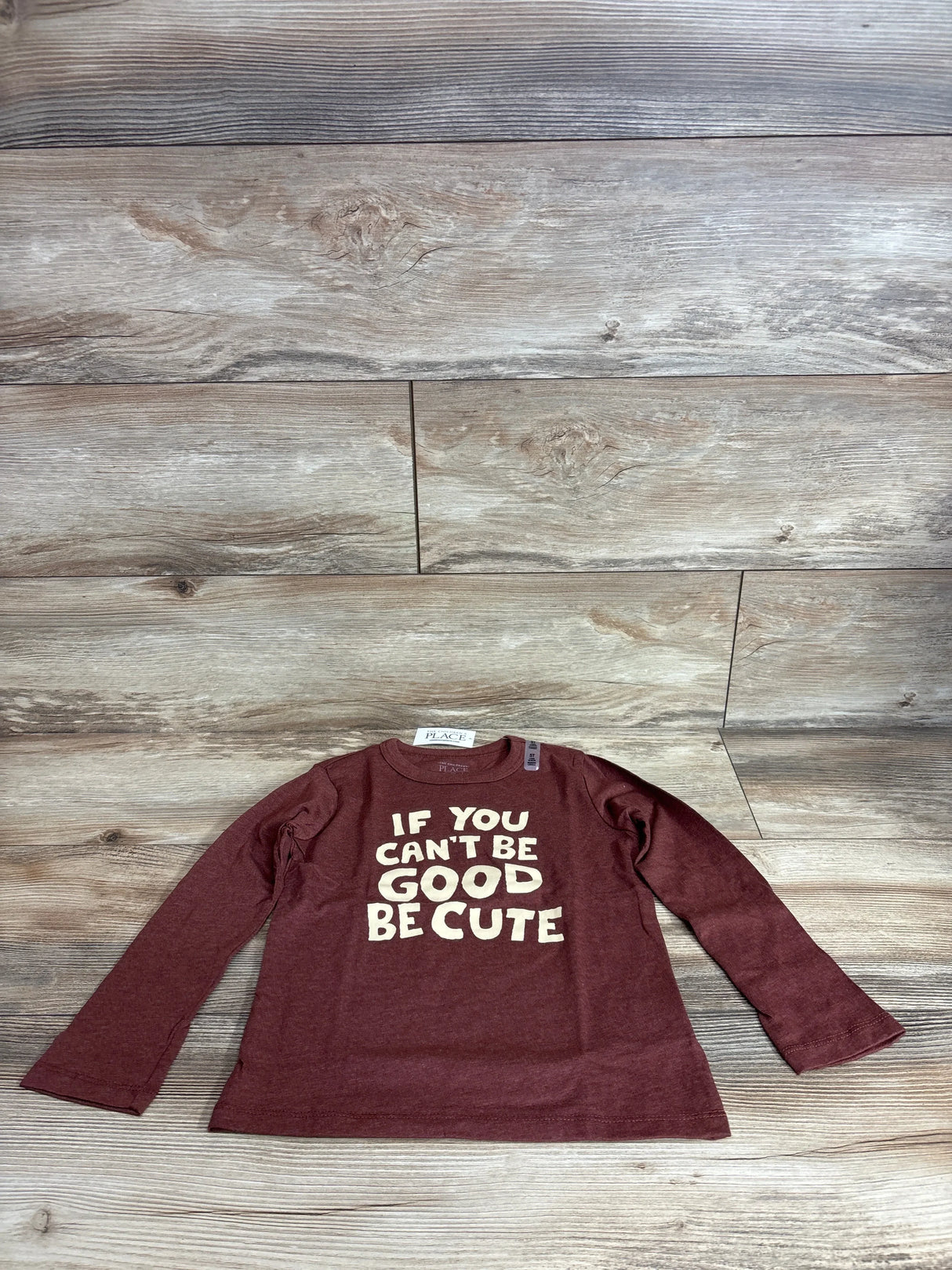 Front view of brown Children’s Place toddler shirt with If You Can’t Be Good Be Cute text on front, size 5T, white background