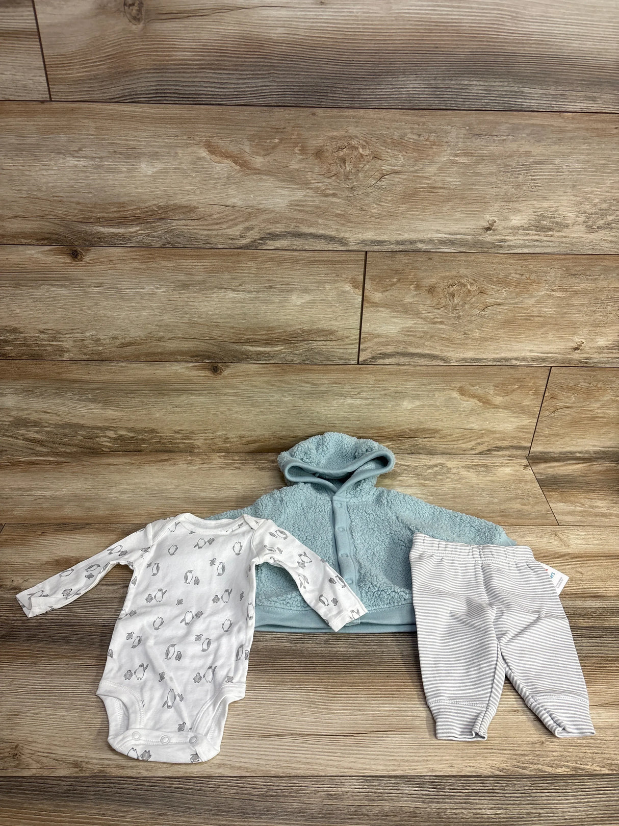 Baby clothes set with white penguin print bodysuit, light blue hooded jacket, and striped pants
