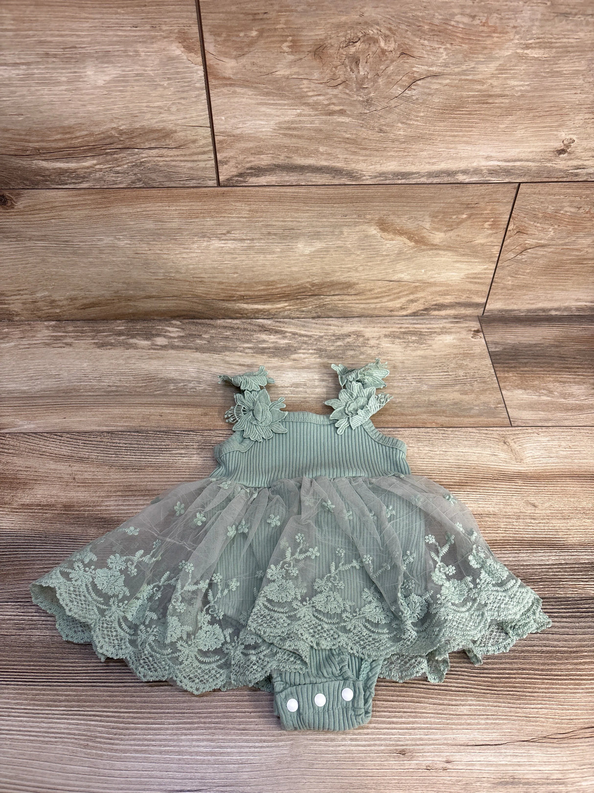 FOCUTEBB Ribbed Embroidered Lace Bodysuit Dress Green sz 9-12m