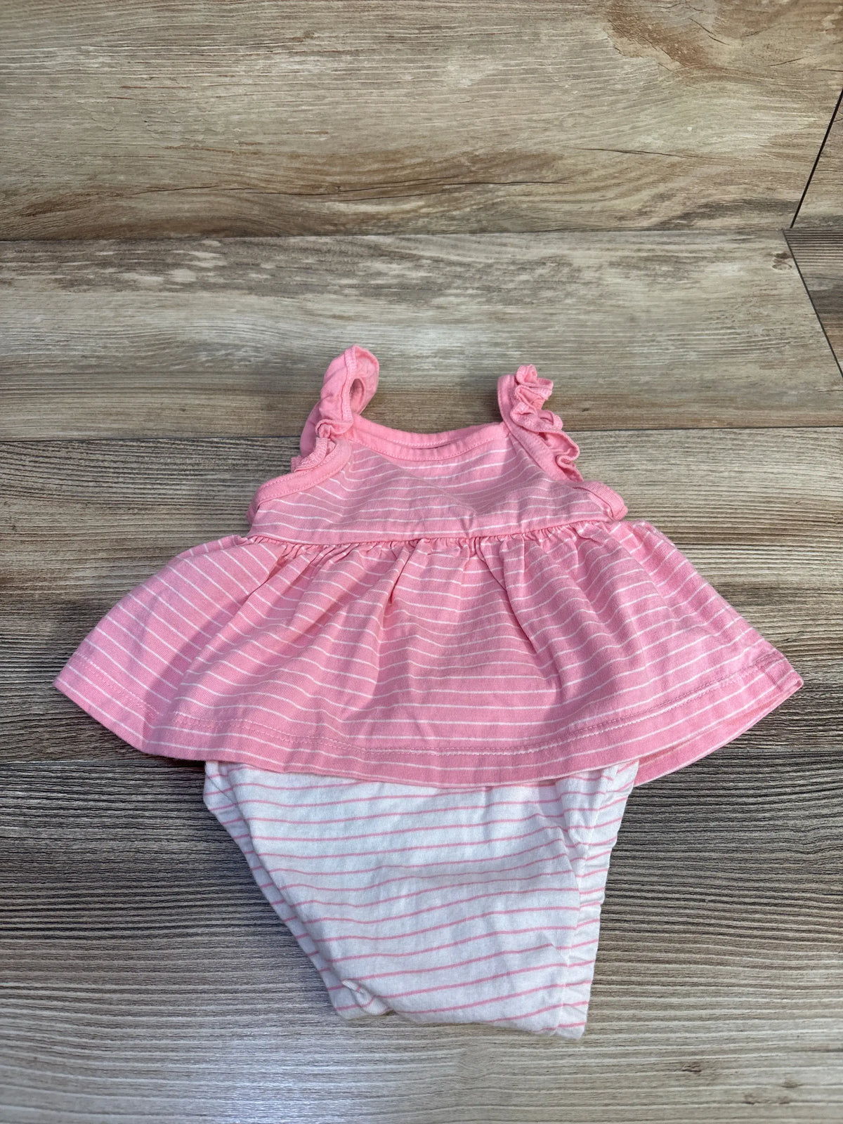 Front view of Carter’s pink striped flamingo bodysuit dress, size 3 months, with ruffled straps and attached bodysuit