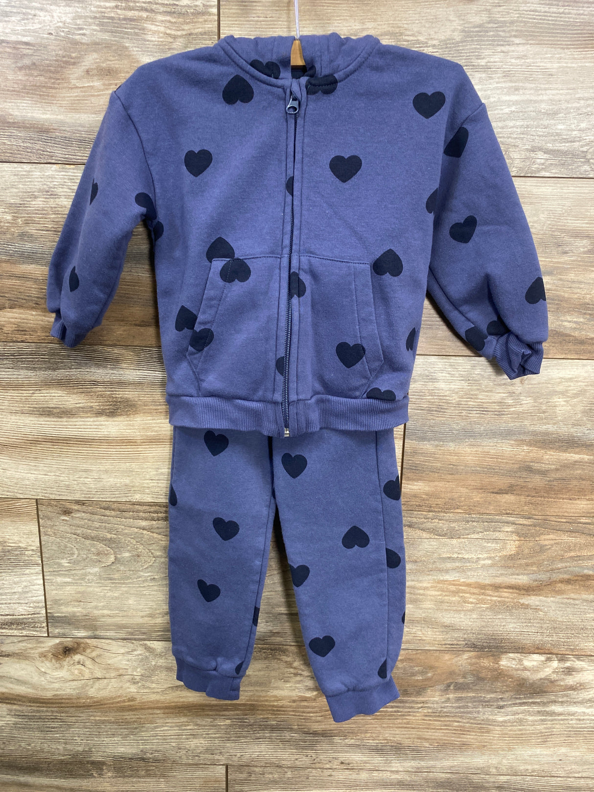 H&M 2pc Heart Print Zip-Up Sweatshirt & Joggers Set Blue sz 3/4T