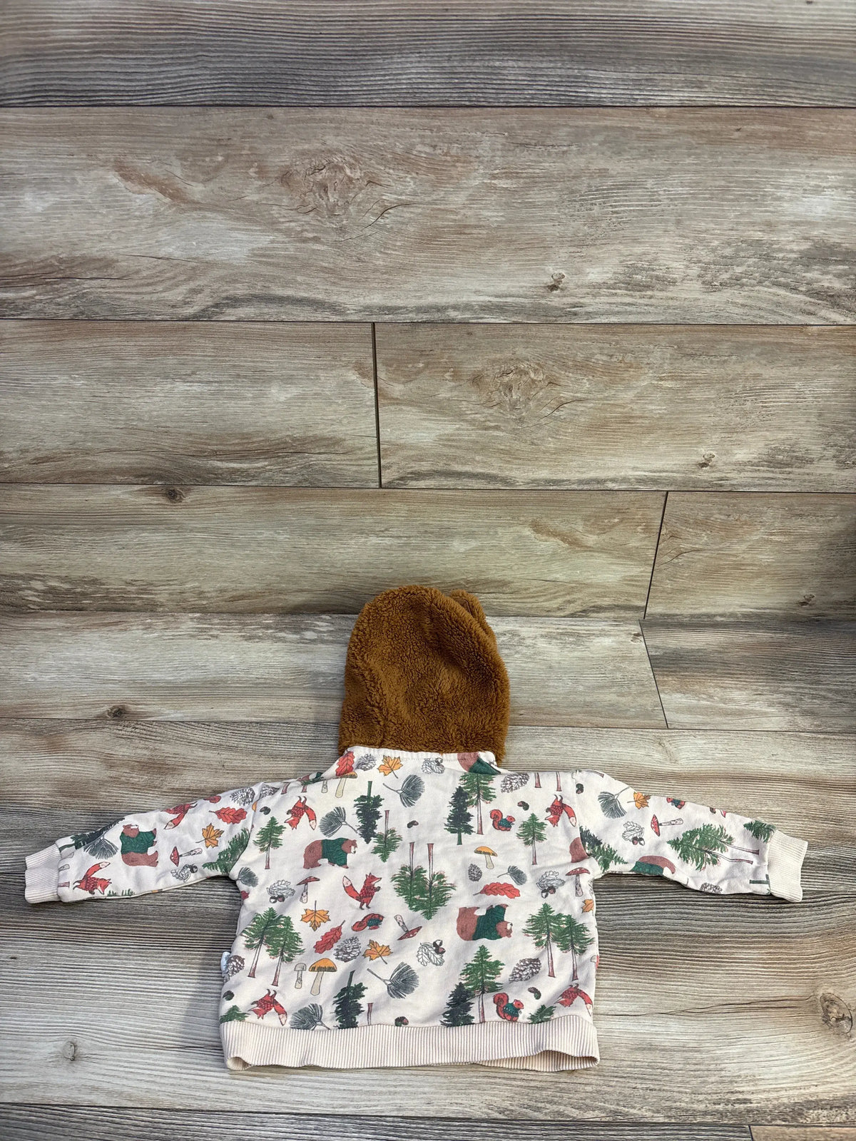 Bebetto hooded fall sweatshirt for baby in beige with forest animal print on wood background