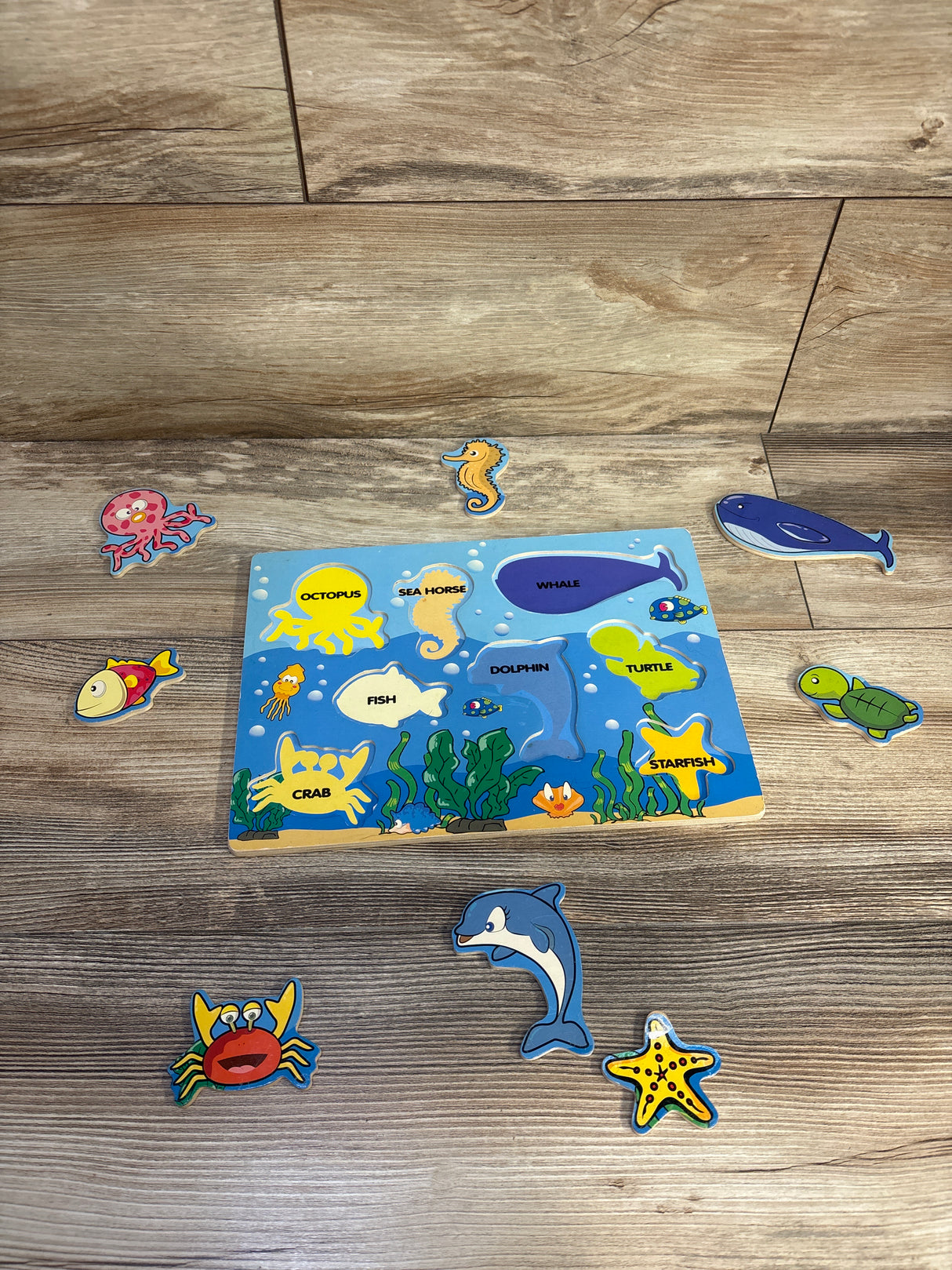 Top-down view of Educational Toys Sea Puzzle (8 pieces) with labeled blue wooden board and eight removable sea-animal pieces on wood background