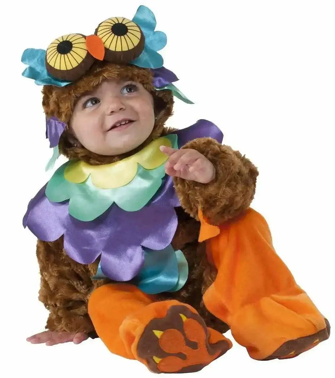 Front view of baby in Night Owl costume, brown plush with purple and teal collar and orange footed pants on white background
