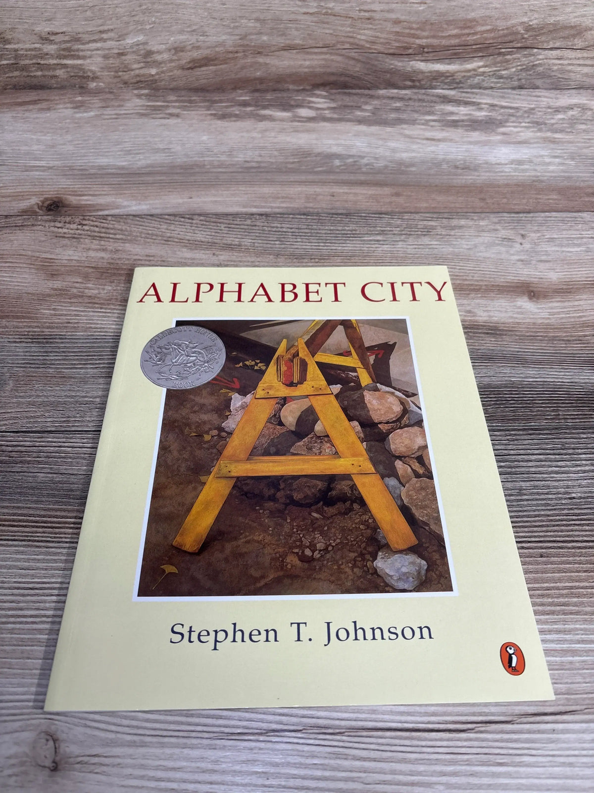 Cover of Alphabet City book by Stephen T. Johnson featuring wooden A-frame and rocks illustration