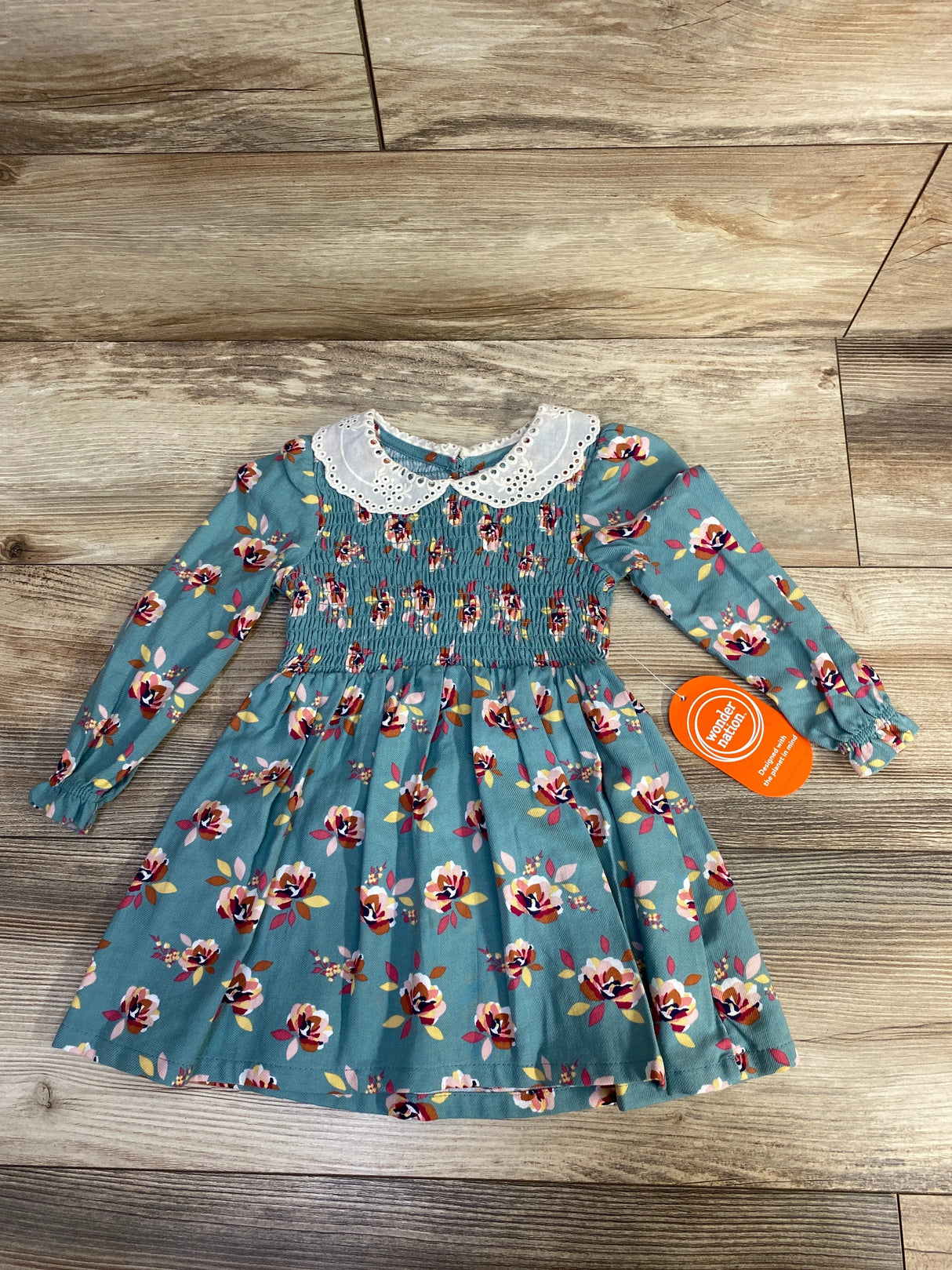 NEW Wonder Nation Smocked Eyelet Trim Dress Teal sz 18m