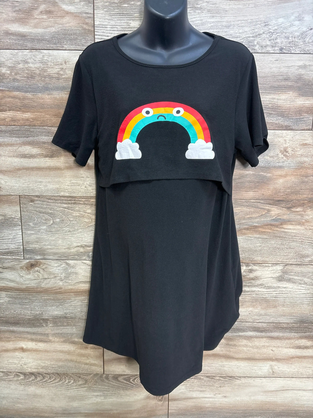 Black Shein maternity nursing dress featuring a colorful rainbow graphic with clouds