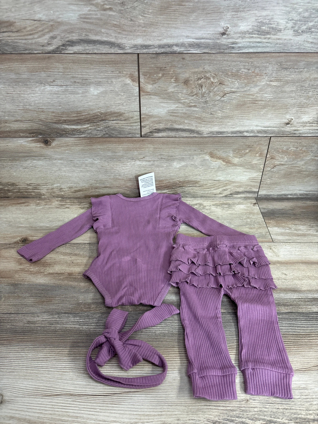NEW Full Famous 3pc Rib Frill Long Sleeve Bodysuit, Pants, & Headwrap Purple sz 3-6m
