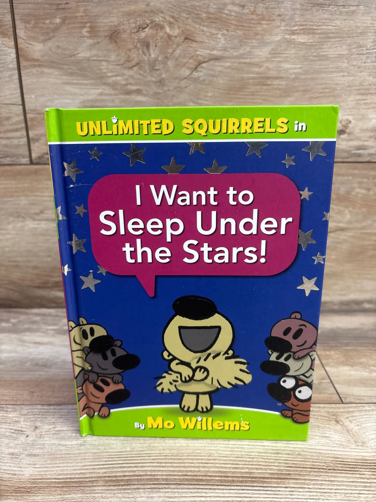 Front cover of I Want to Sleep Under the Stars! hardcover book with cartoon squirrels, blue stars, and Unlimited Squirrels text